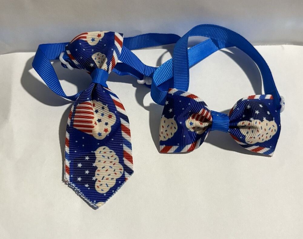 Bow Tie Necktie Set 250th July 4th USA Flag Cupcakes Dog Cat 7"+